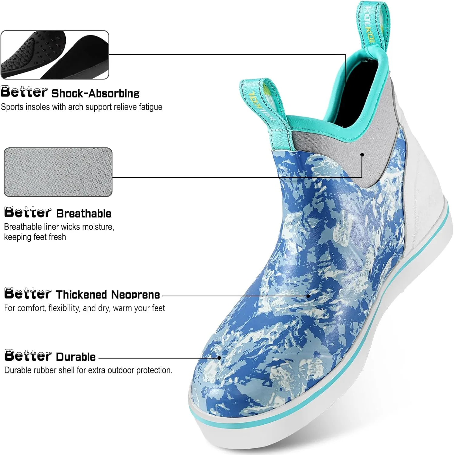 Kalkal Women's Deck Boots, Waterproof Ankle Rain Boots Fishing Boots with High Traction, Women's Rubber Boots For Gardening Fishing Boating Camping