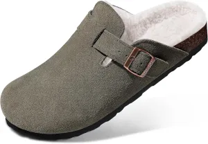 KIDMI Women's Fur Lined Suede Clogs Fuzzy Cork Footbed Mules Slip On Winter Potato Shoes