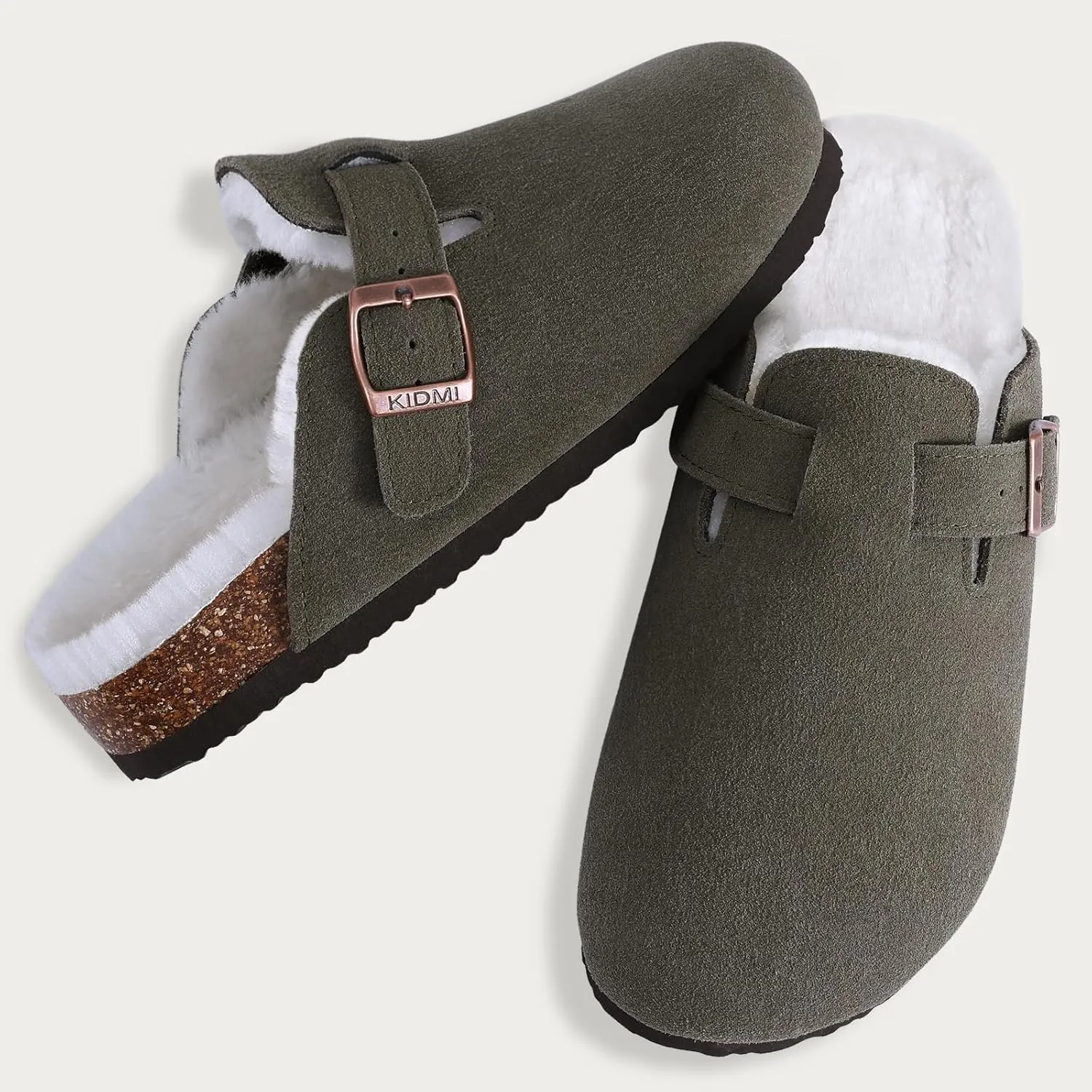 KIDMI Women's Fur Lined Suede Clogs Fuzzy Cork Footbed Mules Slip On Winter Potato Shoes