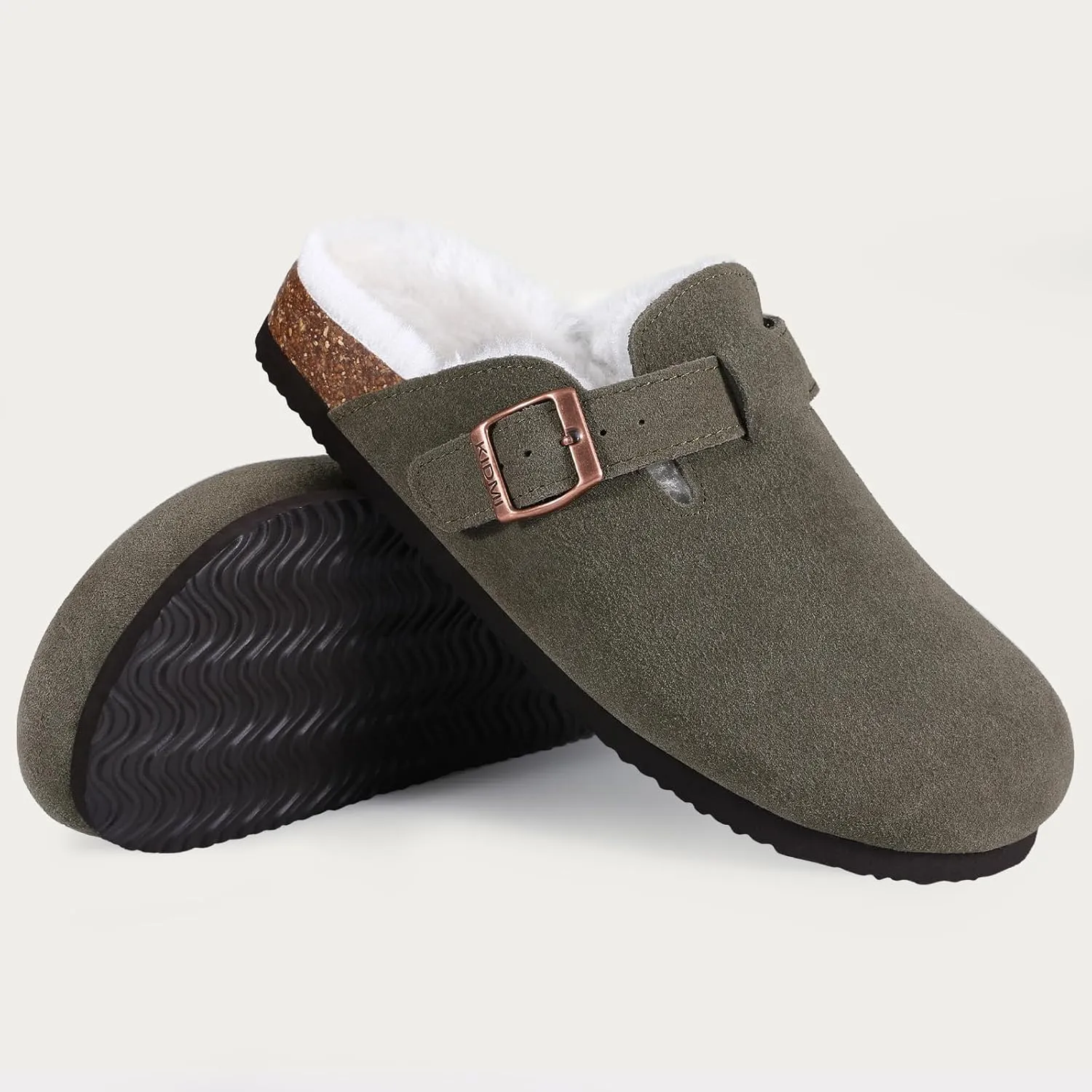 KIDMI Women's Fur Lined Suede Clogs Fuzzy Cork Footbed Mules Slip On Winter Potato Shoes