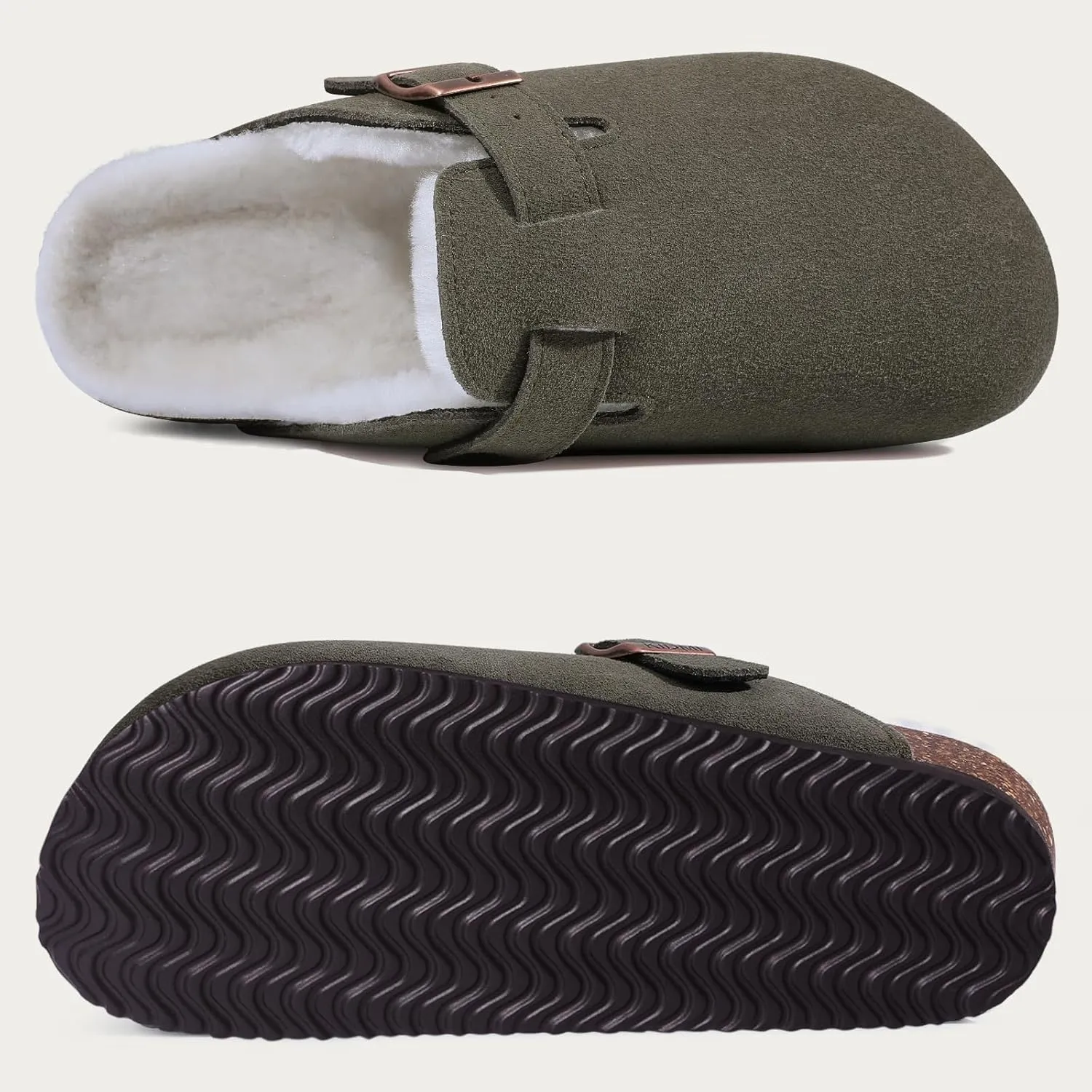 KIDMI Women's Fur Lined Suede Clogs Fuzzy Cork Footbed Mules Slip On Winter Potato Shoes