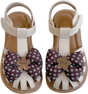 Kids Baby Girls Sandals Summer Polka Dot Flower Bow Sweet Dwarf with Princess Shoes Little Child/Big Black Ballet Shoes (Beige, 7.5 Toddler)