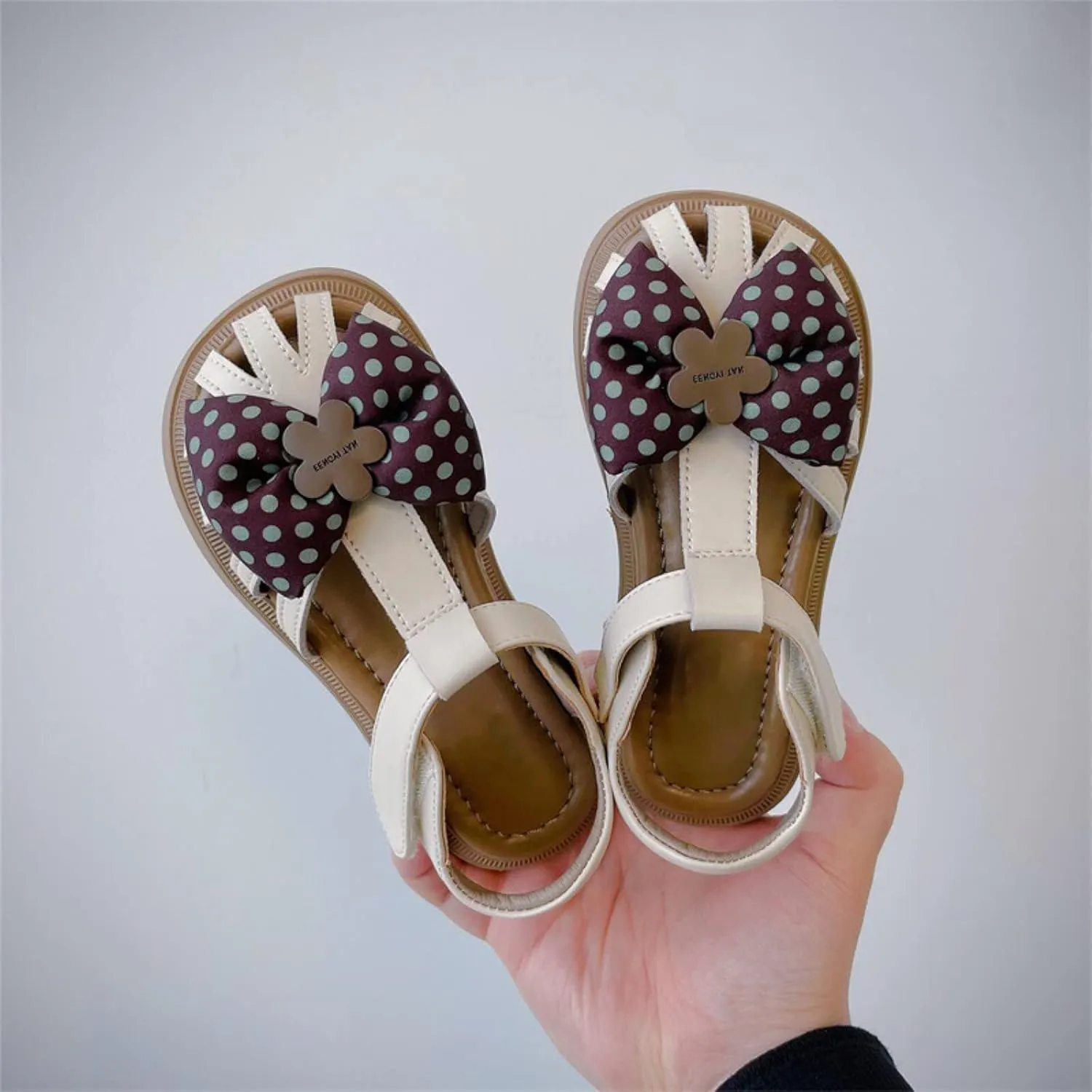 Kids Baby Girls Sandals Summer Polka Dot Flower Bow Sweet Dwarf with Princess Shoes Little Child/Big Black Ballet Shoes (Beige, 7.5 Toddler)