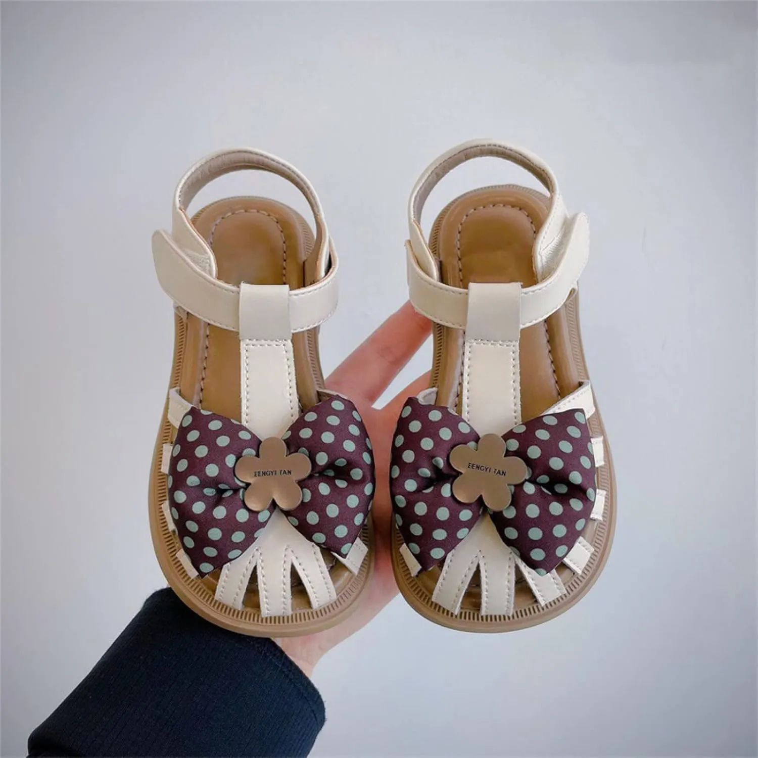 Kids Baby Girls Sandals Summer Polka Dot Flower Bow Sweet Dwarf with Princess Shoes Little Child/Big Black Ballet Shoes (Beige, 7.5 Toddler)