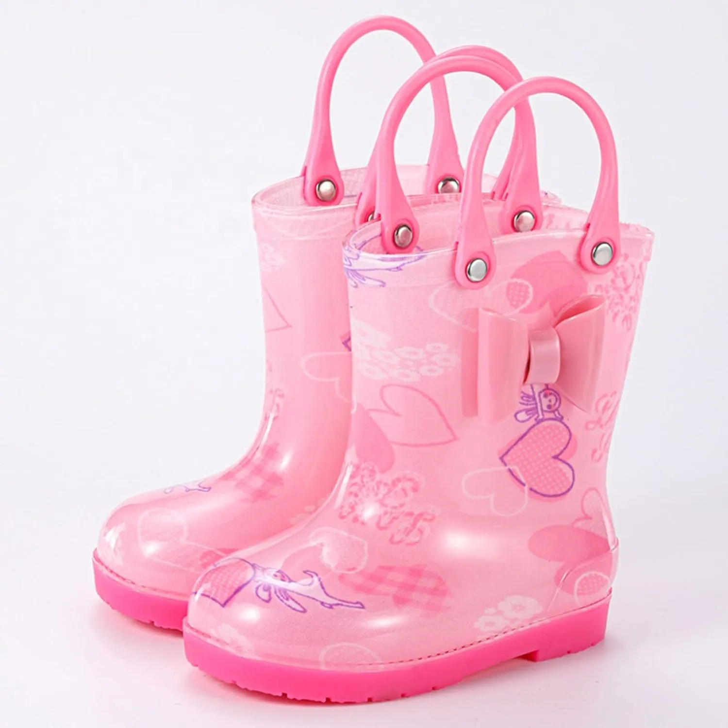 Kids Rain Boots For Girls Toddler Lightwight Waterproof Rubber Boots Cute Bow With Easy-On Handles Rain Boots Toddlers