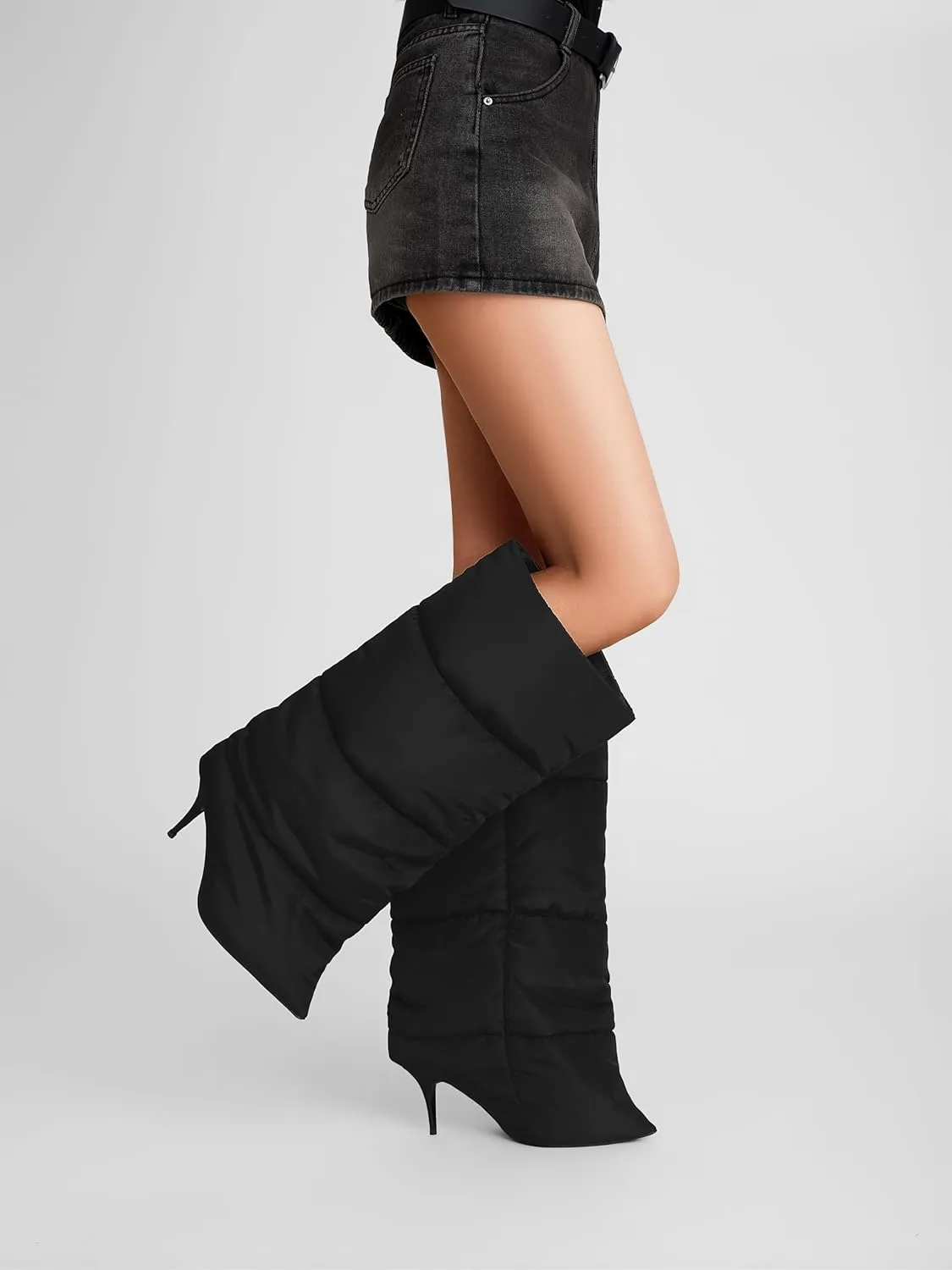 Knee High Stiletto Heel Boots for Women Fold Over Pointed Toe Extra Wide-Calf Pull On Boot Riding Slouchy Long Boots Straight Leg Stylish Fall Shoes