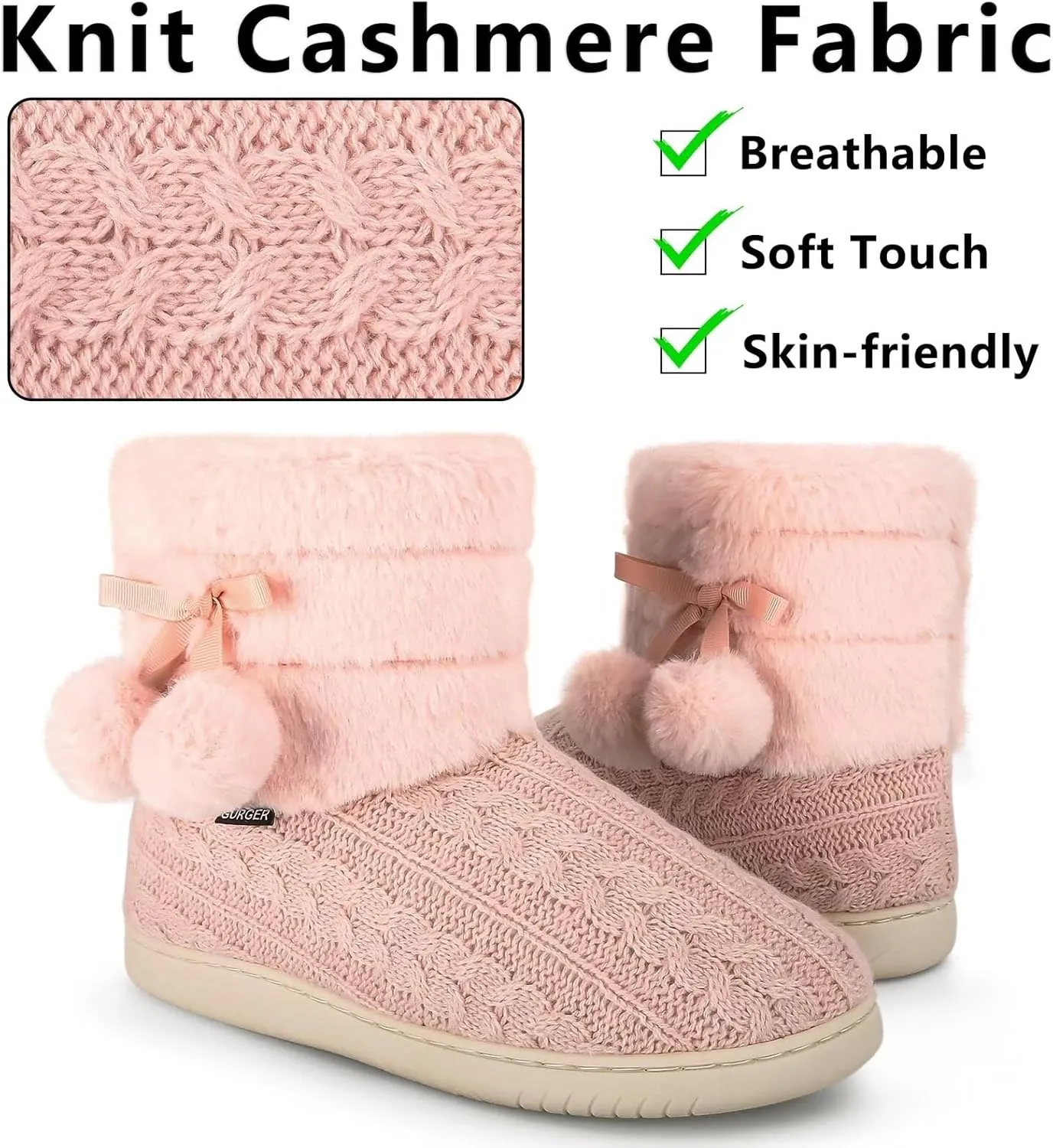 Knit Slipper Boots Women Plush Lining Memory Foam Indoor Outdoor House Shoes with Pom-Pom