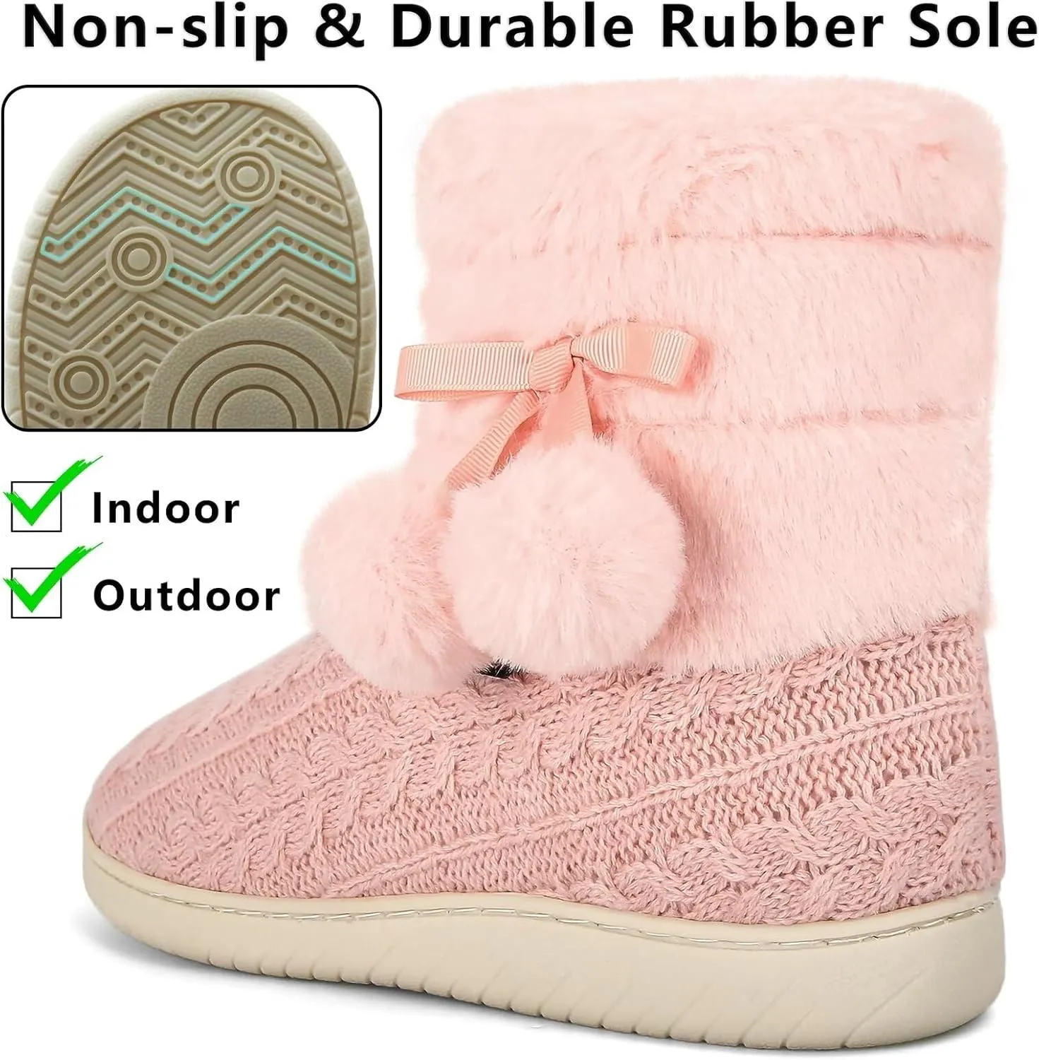 Knit Slipper Boots Women Plush Lining Memory Foam Indoor Outdoor House Shoes with Pom-Pom