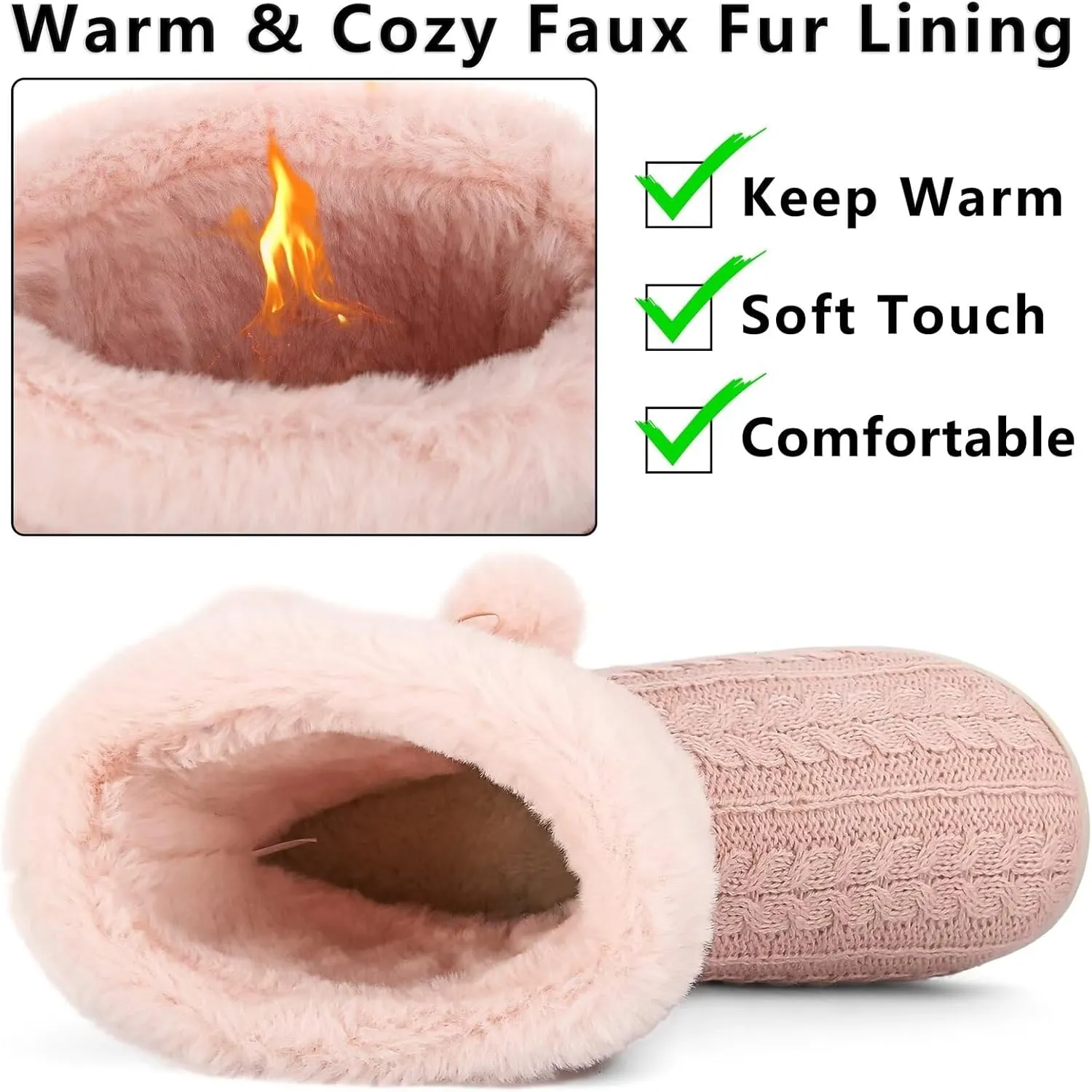 Knit Slipper Boots Women Plush Lining Memory Foam Indoor Outdoor House Shoes with Pom-Pom