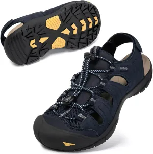 KOIMED Men's Hiking Leather Sandals Closed Toe Water Shoes For Summer Athletic Outdoor Walking Sports Trail River Fishing Wide Adjustable Waterproof Arch Support