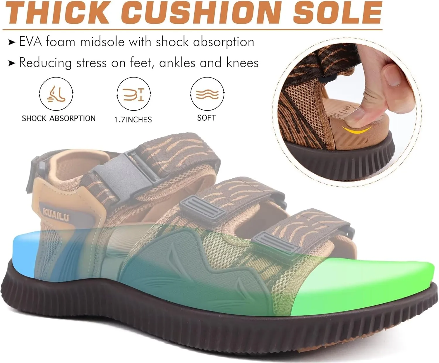 KuaiLu Mens Hiking Sandals with Arch Support Orthopedic Walking Recovery Sandals for Plantar Fasciitis Open Toe Summer Athletic Sport Comfortable Cushion Breathable Outdoor Water Sandals Size7-13
