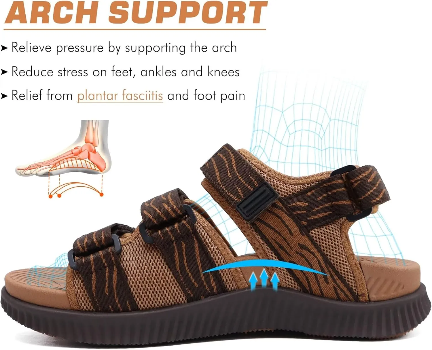 KuaiLu Mens Hiking Sandals with Arch Support Orthopedic Walking Recovery Sandals for Plantar Fasciitis Open Toe Summer Athletic Sport Comfortable Cushion Breathable Outdoor Water Sandals Size7-13