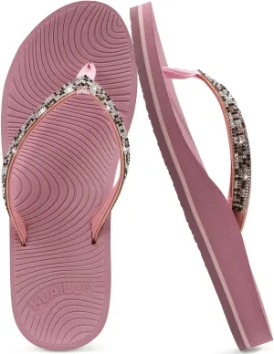KuaiLu Women's Rhinestone Flip Flops with Comfort Arch Support Yoga Mat Cushion Sandals Fashion Summer Beach Travel Orthotic Walking Thong Sandles Slip on Plantar Fasciitis Indoor Outdoor Shoes