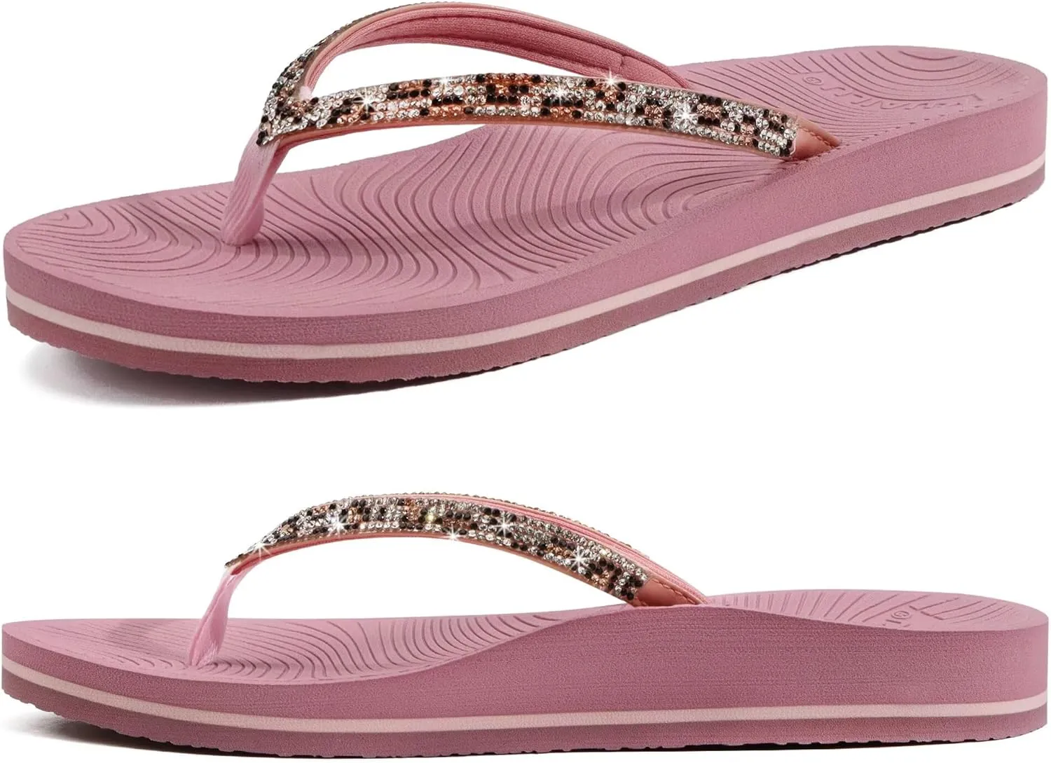 KuaiLu Women's Rhinestone Flip Flops with Comfort Arch Support Yoga Mat Cushion Sandals Fashion Summer Beach Travel Orthotic Walking Thong Sandles Slip on Plantar Fasciitis Indoor Outdoor Shoes