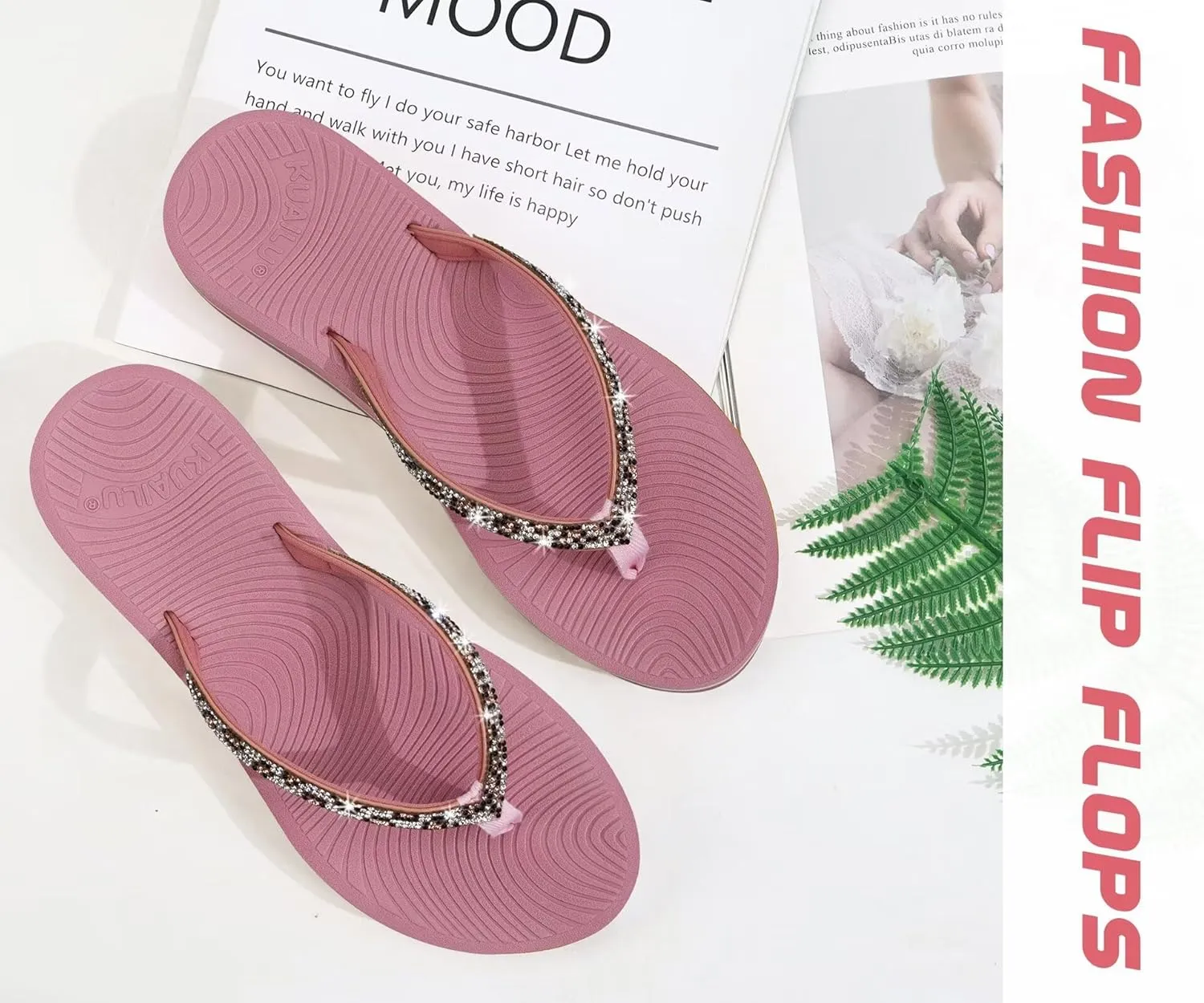 KuaiLu Women's Rhinestone Flip Flops with Comfort Arch Support Yoga Mat Cushion Sandals Fashion Summer Beach Travel Orthotic Walking Thong Sandles Slip on Plantar Fasciitis Indoor Outdoor Shoes
