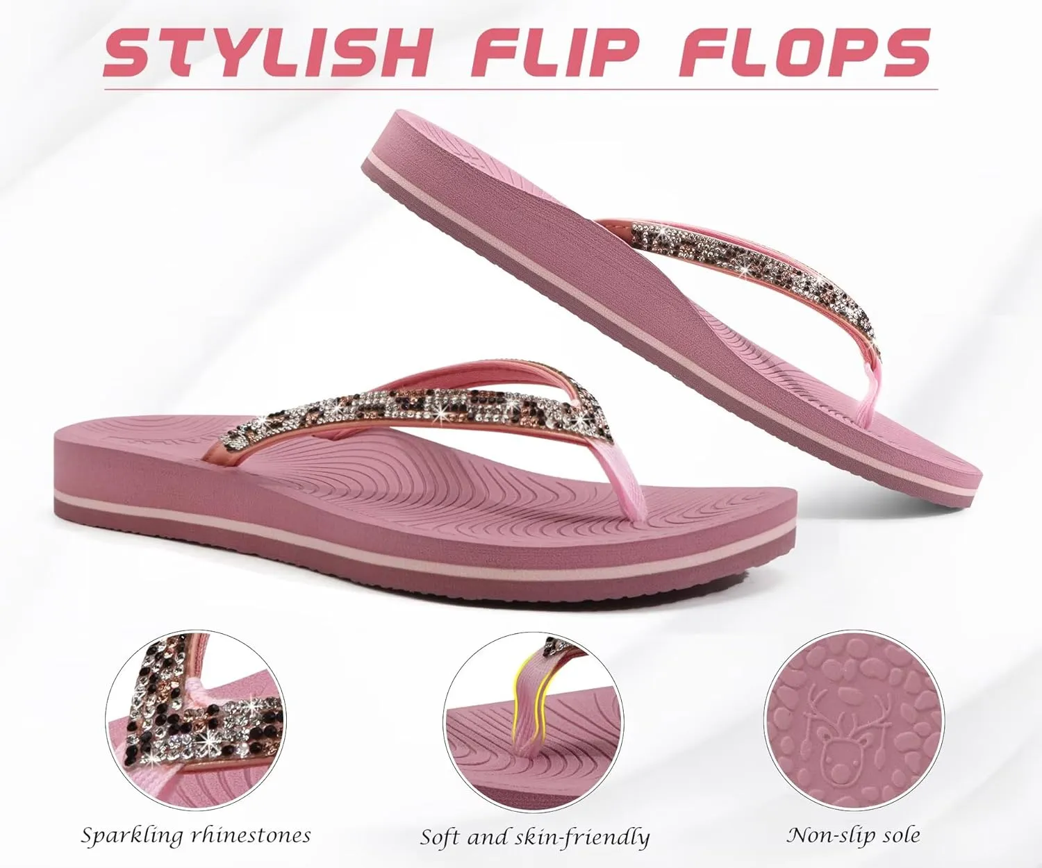 KuaiLu Women's Rhinestone Flip Flops with Comfort Arch Support Yoga Mat Cushion Sandals Fashion Summer Beach Travel Orthotic Walking Thong Sandles Slip on Plantar Fasciitis Indoor Outdoor Shoes