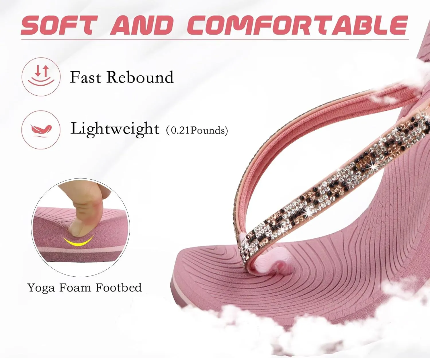 KuaiLu Women's Rhinestone Flip Flops with Comfort Arch Support Yoga Mat Cushion Sandals Fashion Summer Beach Travel Orthotic Walking Thong Sandles Slip on Plantar Fasciitis Indoor Outdoor Shoes