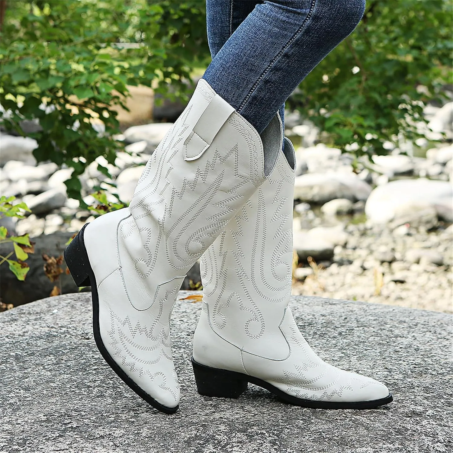 Ladmiple Cowboy Boots For Women Wide Calf Wide Foot Embroidered Pull On Block Chunky Heel Western Mid Calf Cowgirl Boots