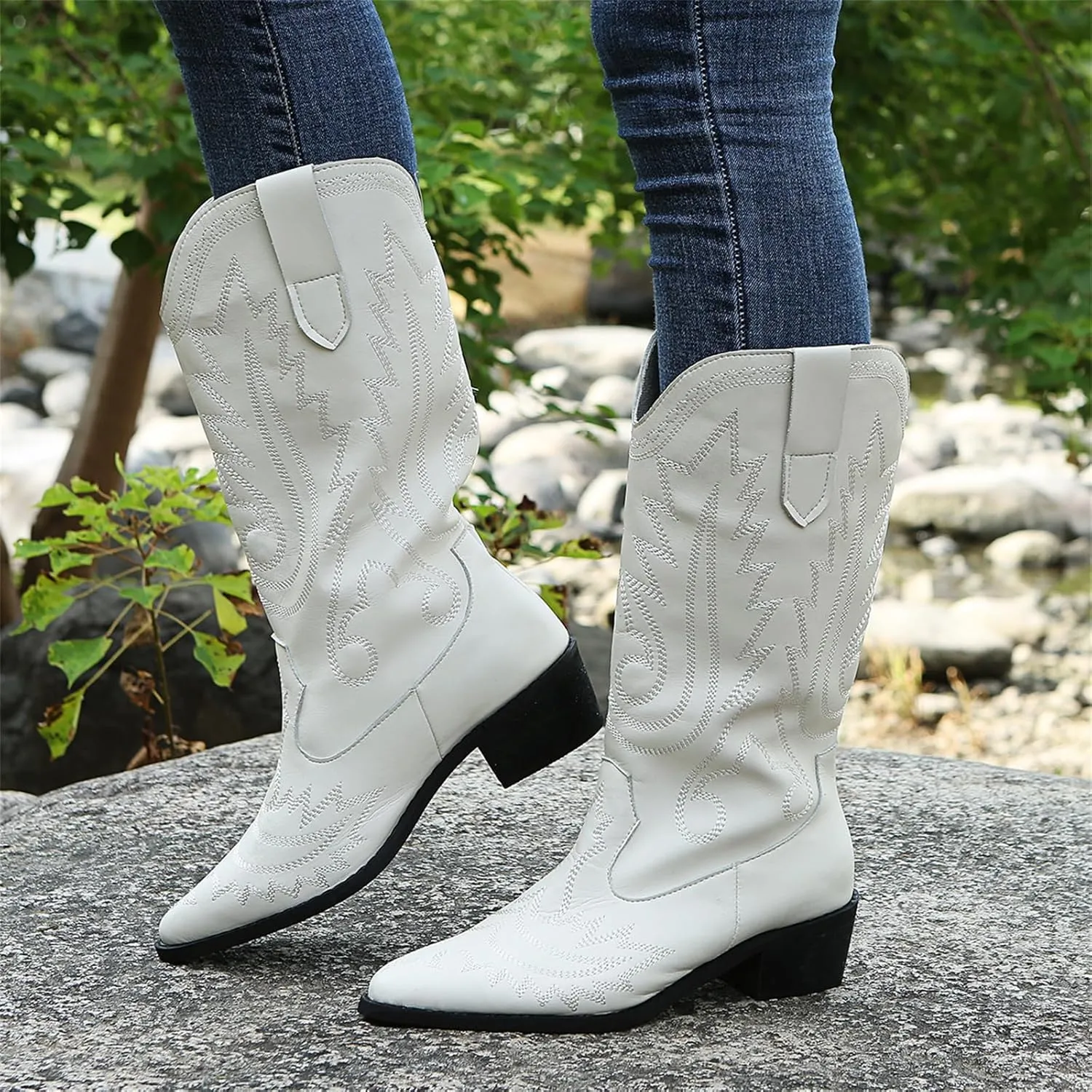 Ladmiple Cowboy Boots For Women Wide Calf Wide Foot Embroidered Pull On Block Chunky Heel Western Mid Calf Cowgirl Boots