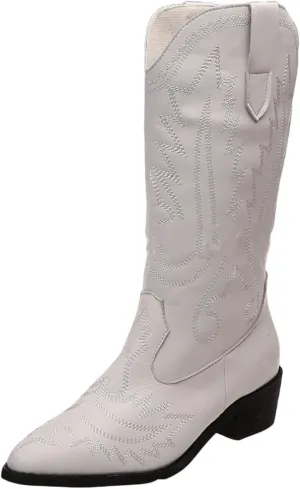 Ladmiple Cowboy Boots For Women Wide Calf Wide Foot Embroidered Pull On Block Chunky Heel Western Mid Calf Cowgirl Boots