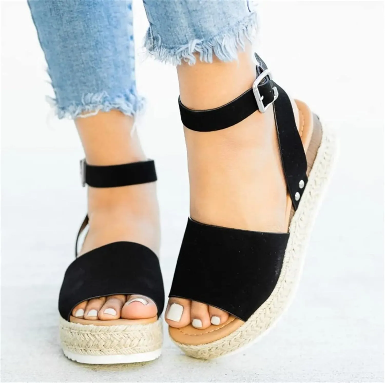 Ladmiple Wedge Sandals for Women Dressy Fashion Slip-On Sandal Summer Casual Beach Shoes Open Toe Espadrilles Platform