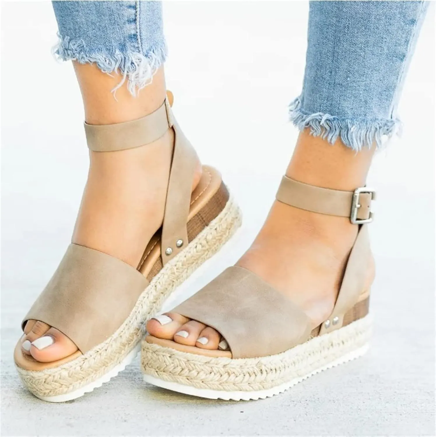 Ladmiple Wedge Sandals for Women Dressy Fashion Slip-On Sandal Summer Casual Beach Shoes Open Toe Espadrilles Platform