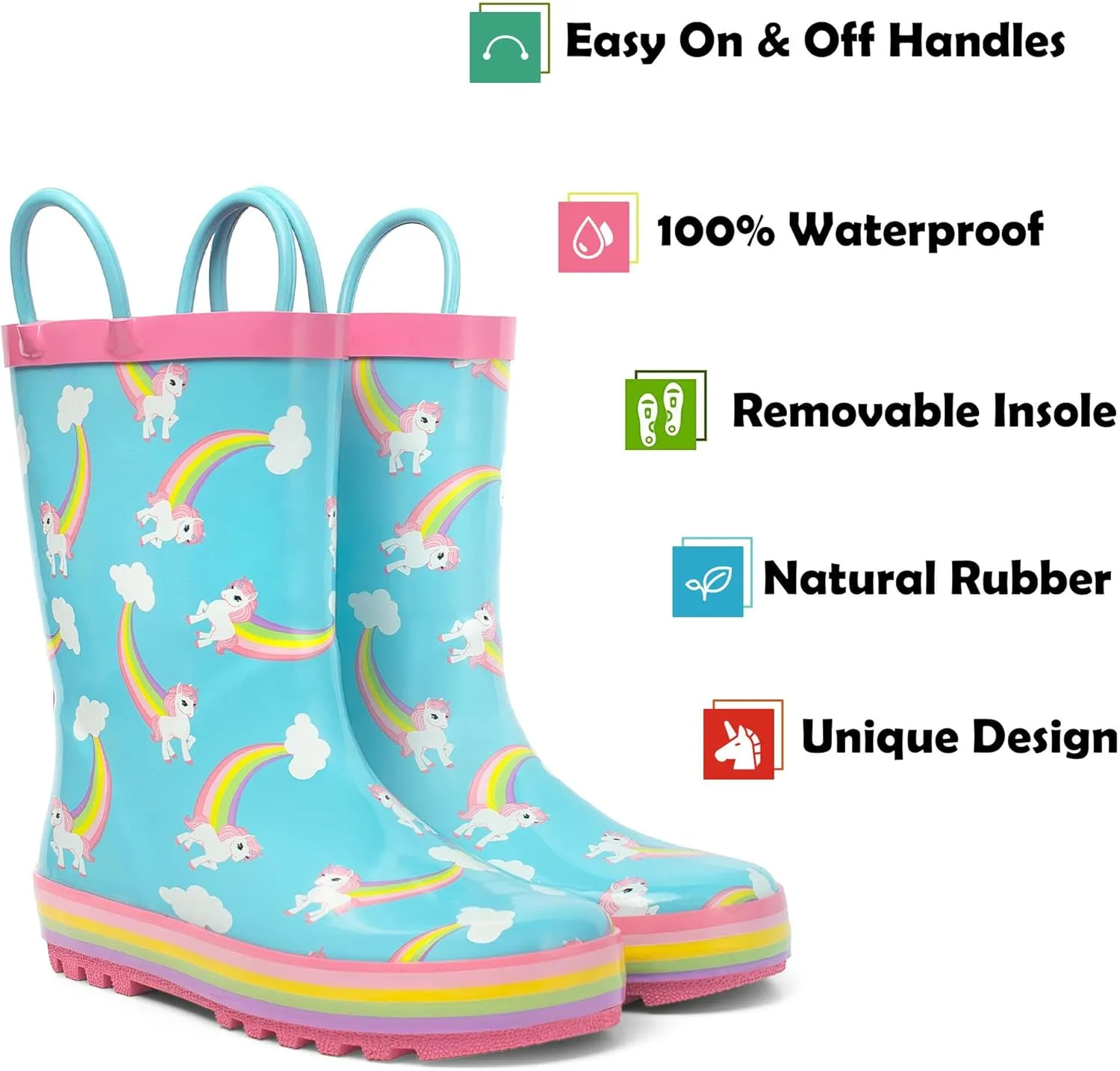 landchief Toddler Rain Boots, Kids Rain Boots Waterproof Rubber Boots for Girls and Boys with Fun Patterns and Easy-On Handles