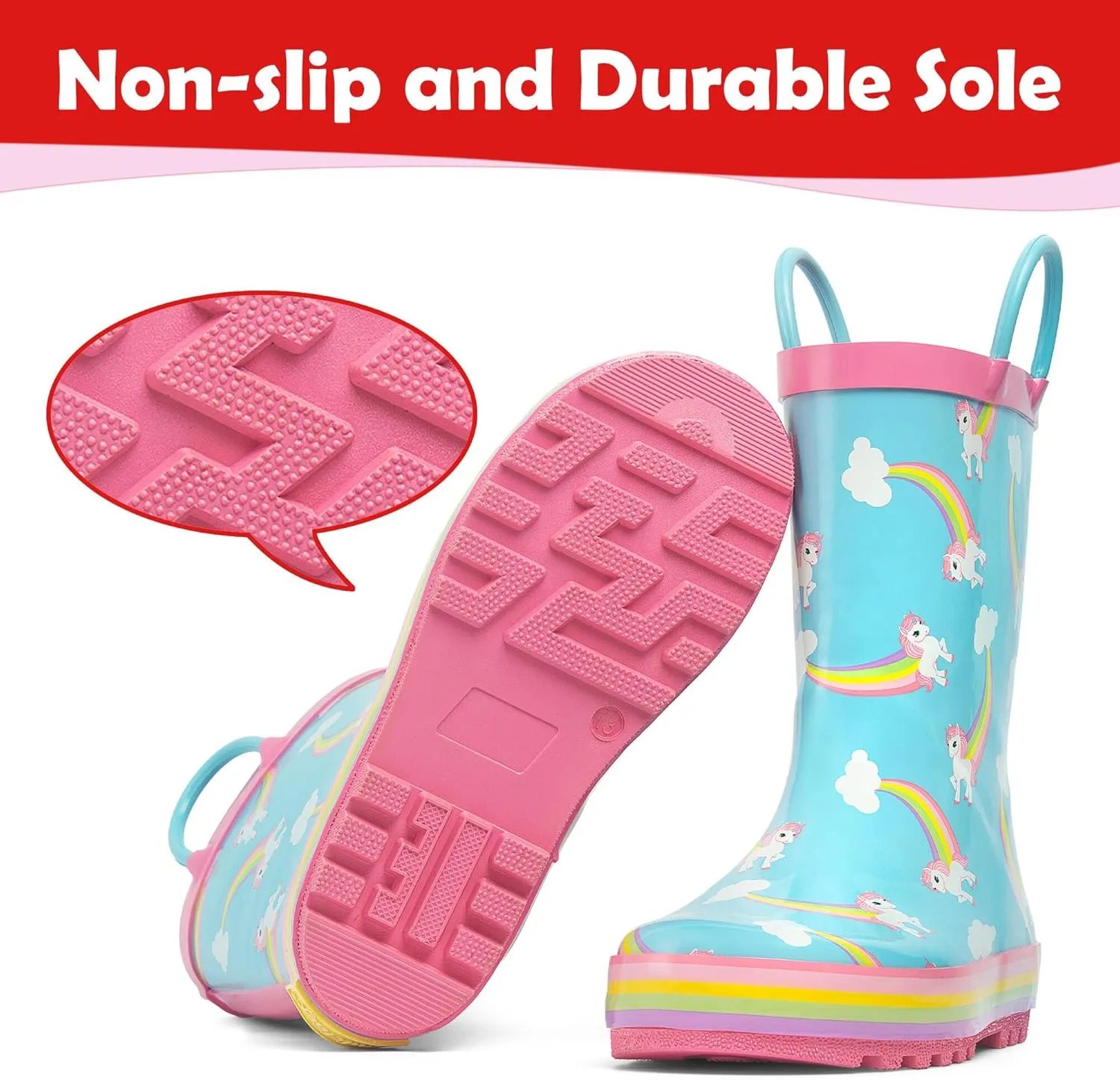 landchief Toddler Rain Boots, Kids Rain Boots Waterproof Rubber Boots for Girls and Boys with Fun Patterns and Easy-On Handles