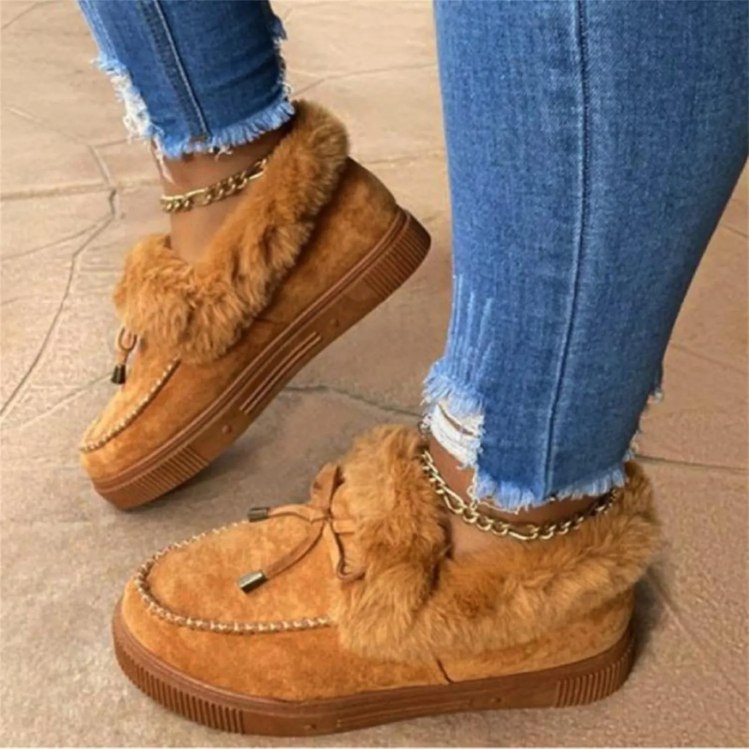 Lausiuoe Winter Boots For Women 2022 With Fur Ankle Booties Slip On Comfortable Casual Snow Fuzzy Walking Shoes Loafers