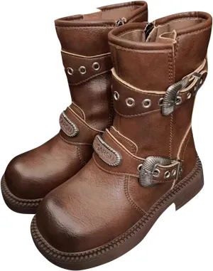 Leather 𝐖aterproof Boots For Girls Kids Side Zipper Soft Sole 𝗟ow Heel Shoes Little Kid Mid Length Cowboy Booties