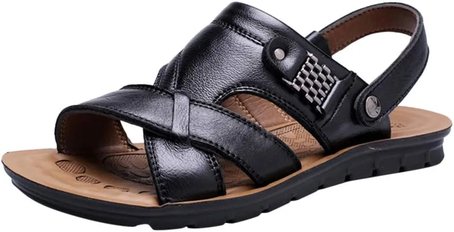 Leather Sandals for Men Non-Slip Orthopedic Sandals with Arch Support Cross Strap Sports Slides Open Toe Wide Width Walking Shoes