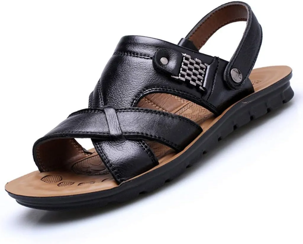 Leather Sandals for Men Non-Slip Orthopedic Sandals with Arch Support Cross Strap Sports Slides Open Toe Wide Width Walking Shoes