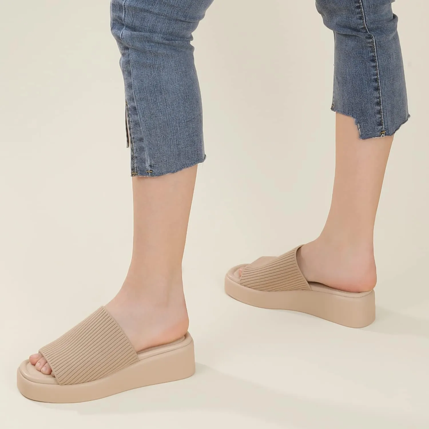 Leevar Nude White Black Platform Wedges Sandals for Women - Soft Memory Foam Padded Backless Slip On Comfy Square Open Toe Mules Summer Casual Flatform Platform Wedge Sandals Slides for Women