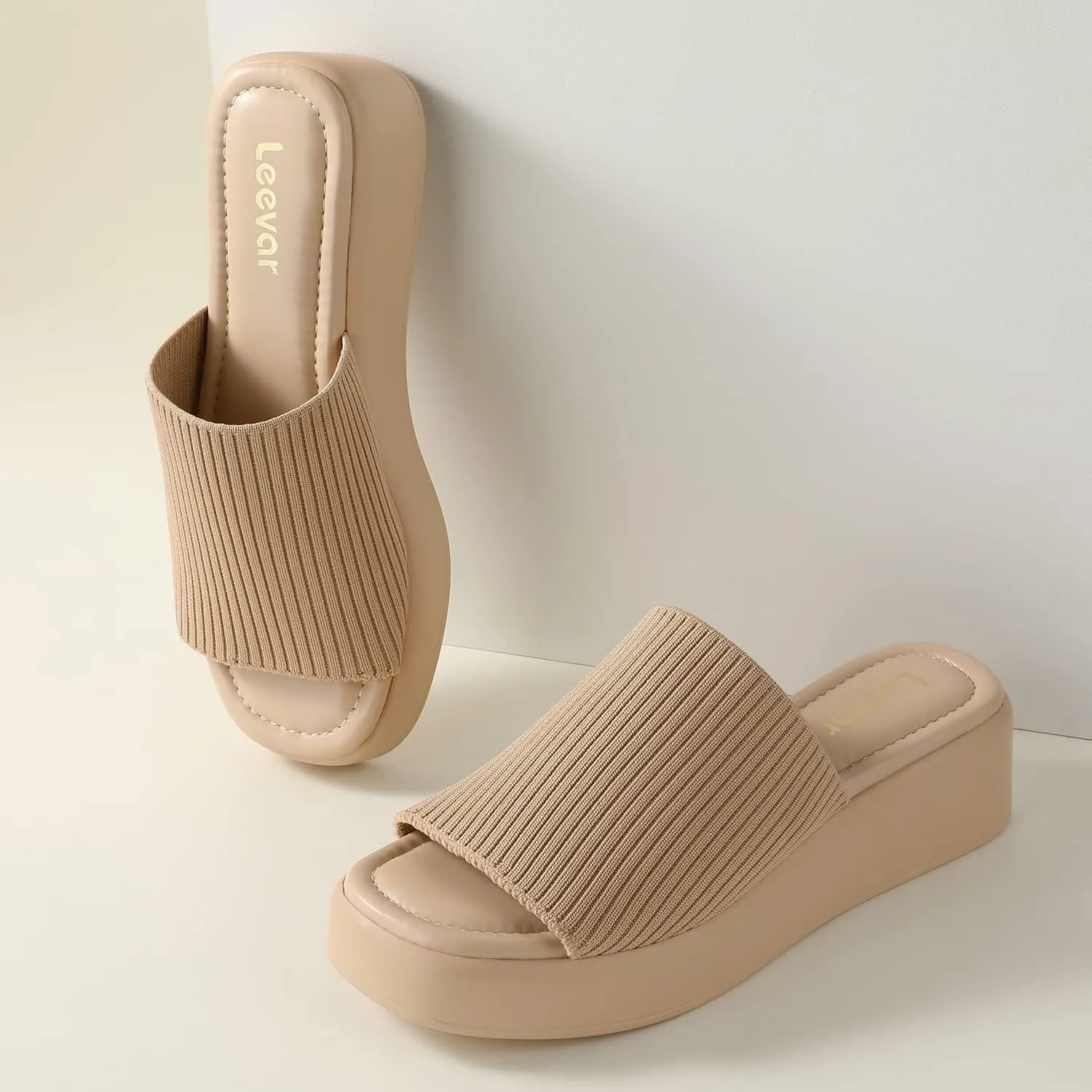 Leevar Nude White Black Platform Wedges Sandals for Women - Soft Memory Foam Padded Backless Slip On Comfy Square Open Toe Mules Summer Casual Flatform Platform Wedge Sandals Slides for Women