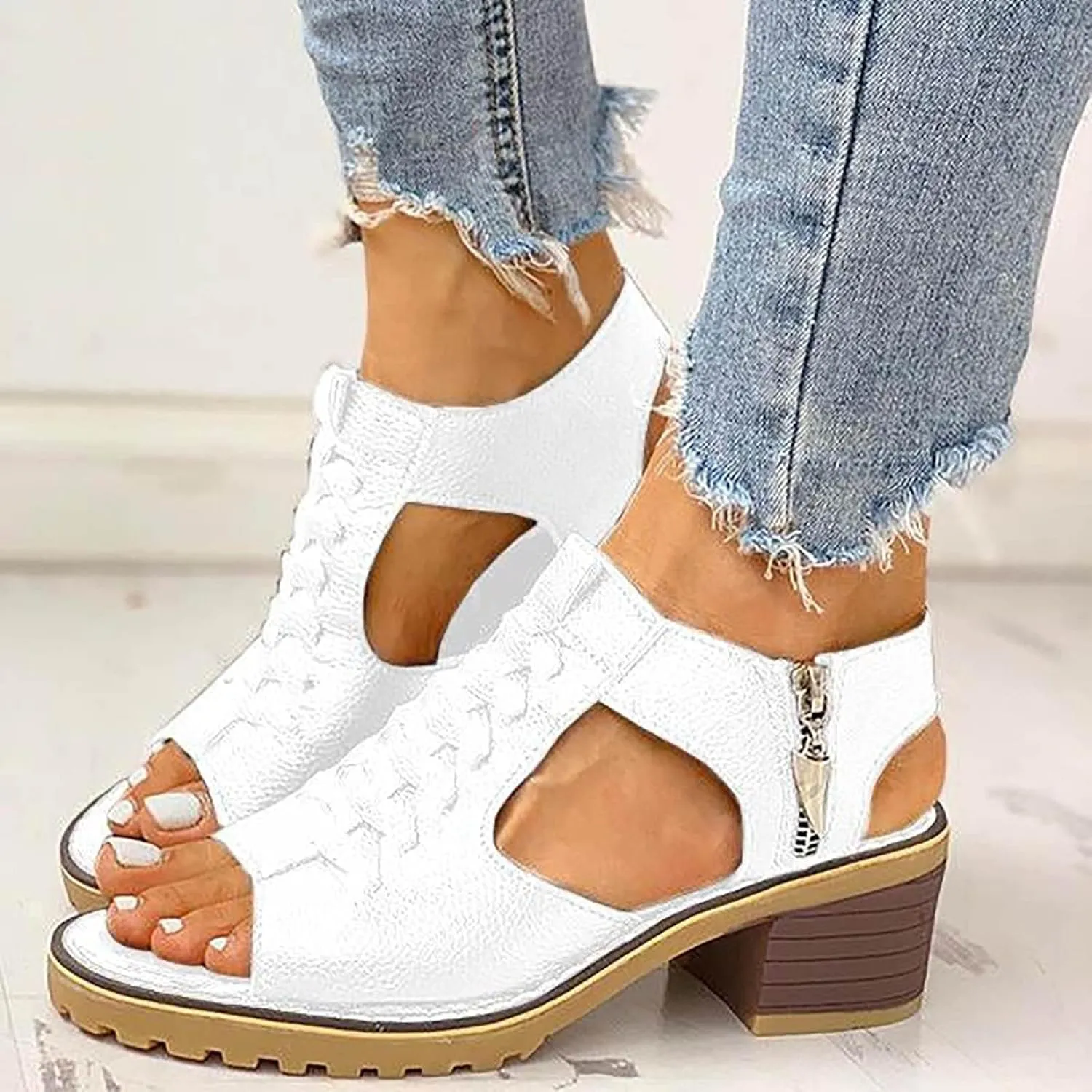 Libiyi Shoes for Women Libiyi Women's Comfy Orthotic Sandals Libiyi Peep Toe Cutout Zipper Chunky Heeled Sandals