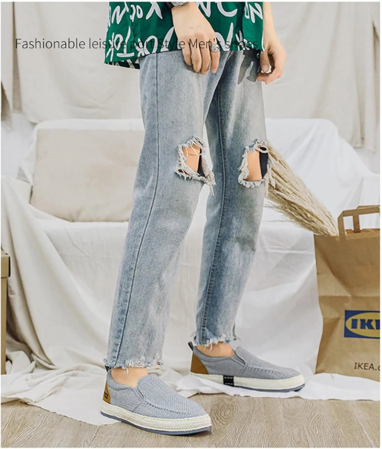 Linen Espadrilles for Men,Straw Casual Canvas Slip On Loafers,Solid Color Comfortable Breathable Espadrilles.