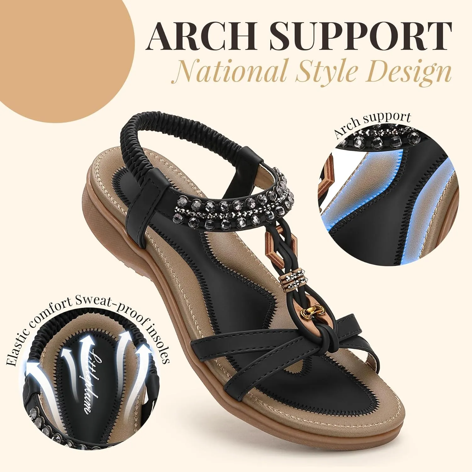 Littleplum Womens Sandals Arch Support Slingback Rhinestone Dressy Sandals Comfort Summer Shoes Ankle Strap Elastic Flats for Beach Walking