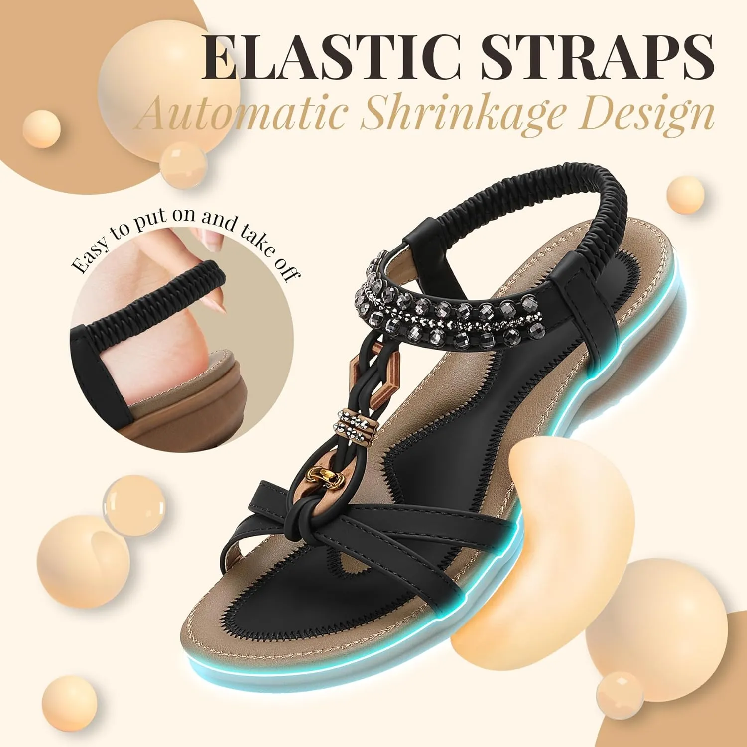 Littleplum Womens Sandals Arch Support Slingback Rhinestone Dressy Sandals Comfort Summer Shoes Ankle Strap Elastic Flats for Beach Walking