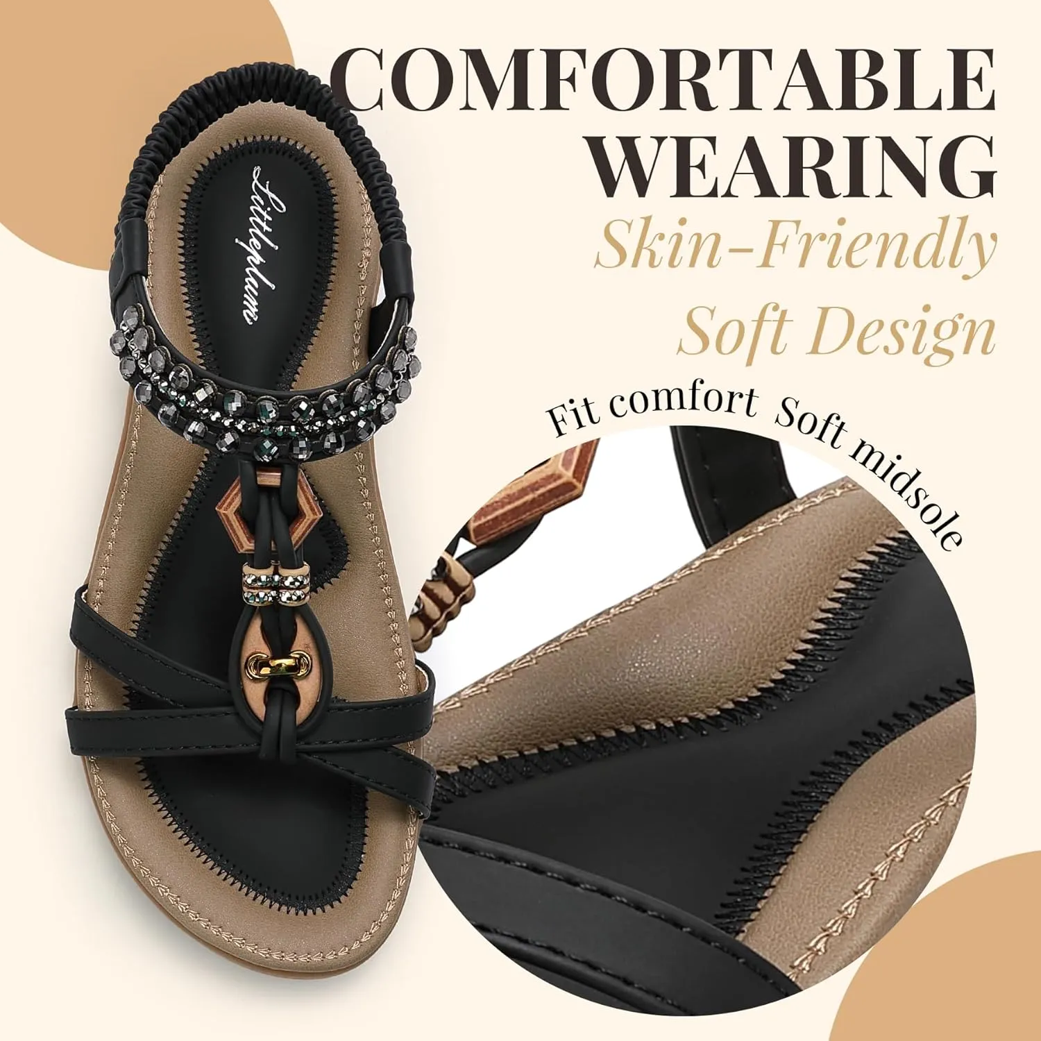 Littleplum Womens Sandals Arch Support Slingback Rhinestone Dressy Sandals Comfort Summer Shoes Ankle Strap Elastic Flats for Beach Walking