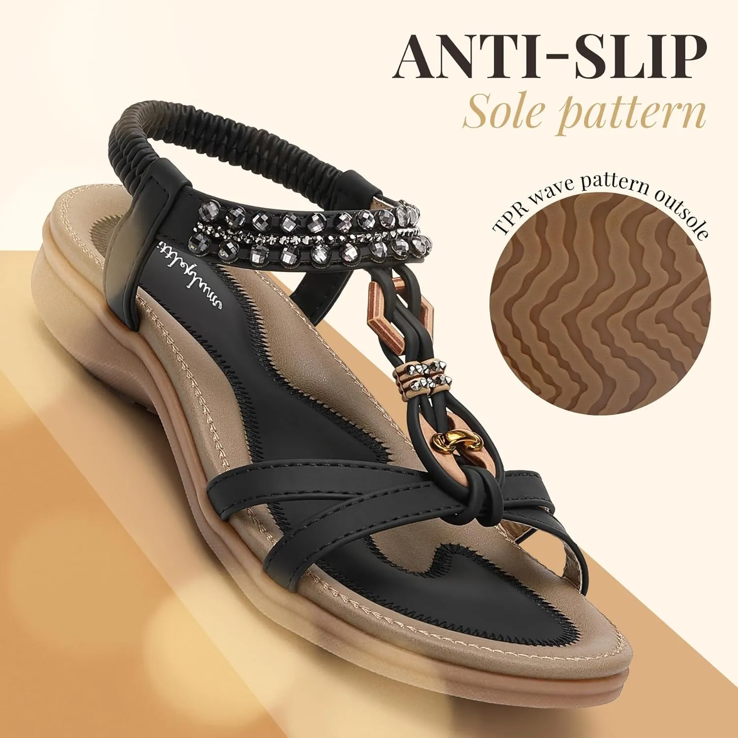 Littleplum Womens Sandals Arch Support Slingback Rhinestone Dressy Sandals Comfort Summer Shoes Ankle Strap Elastic Flats for Beach Walking