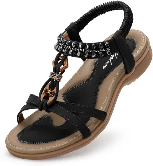 Littleplum Womens Sandals Arch Support Slingback Rhinestone Dressy Sandals Comfort Summer Shoes Ankle Strap Elastic Flats for Beach Walking