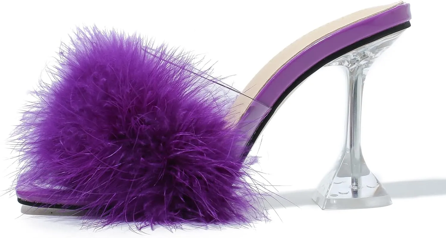 LIURUIJIA Women's Square Toe Feathers High Heels Fur Mules Sandals Fuzzy Fluffy Wedding Bridal Party Dress Shoes