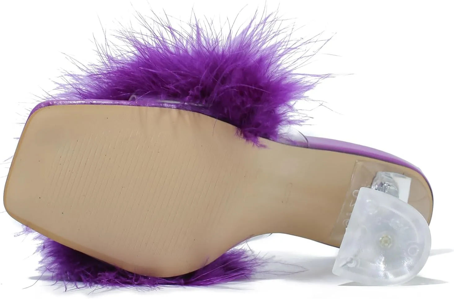 LIURUIJIA Women's Square Toe Feathers High Heels Fur Mules Sandals Fuzzy Fluffy Wedding Bridal Party Dress Shoes