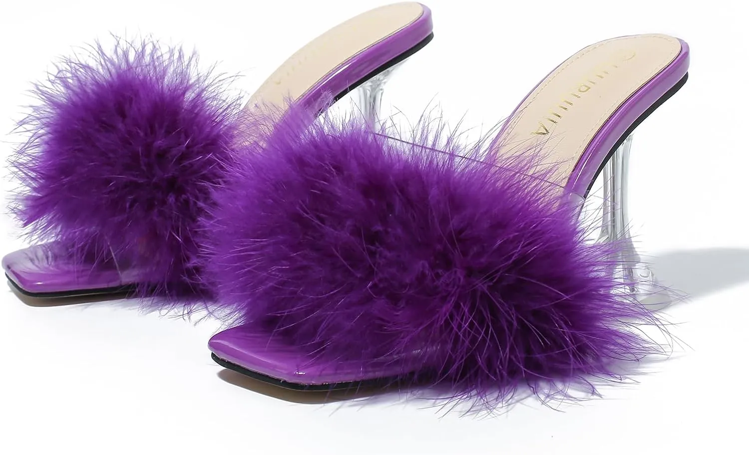 LIURUIJIA Women's Square Toe Feathers High Heels Fur Mules Sandals Fuzzy Fluffy Wedding Bridal Party Dress Shoes