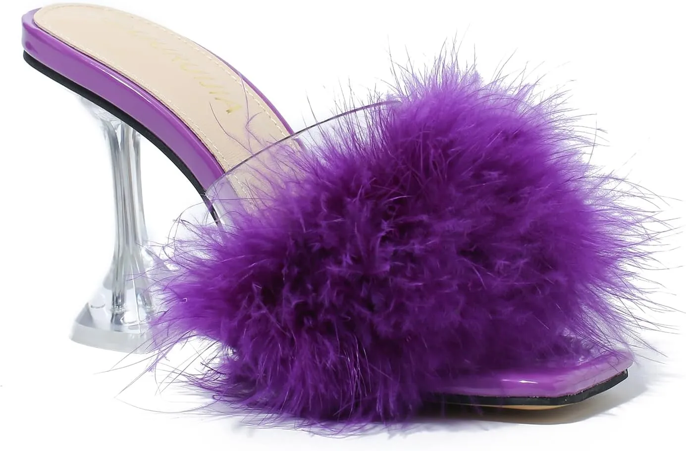 LIURUIJIA Women's Square Toe Feathers High Heels Fur Mules Sandals Fuzzy Fluffy Wedding Bridal Party Dress Shoes