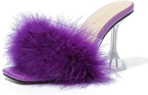 LIURUIJIA Women's Square Toe Feathers High Heels Fur Mules Sandals Fuzzy Fluffy Wedding Bridal Party Dress Shoes