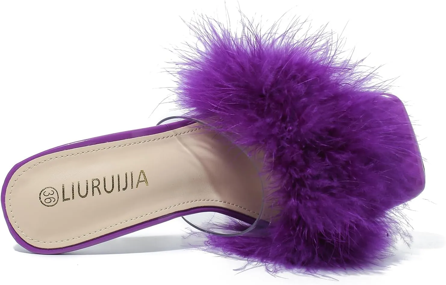LIURUIJIA Women's Square Toe Feathers High Heels Fur Mules Sandals Fuzzy Fluffy Wedding Bridal Party Dress Shoes
