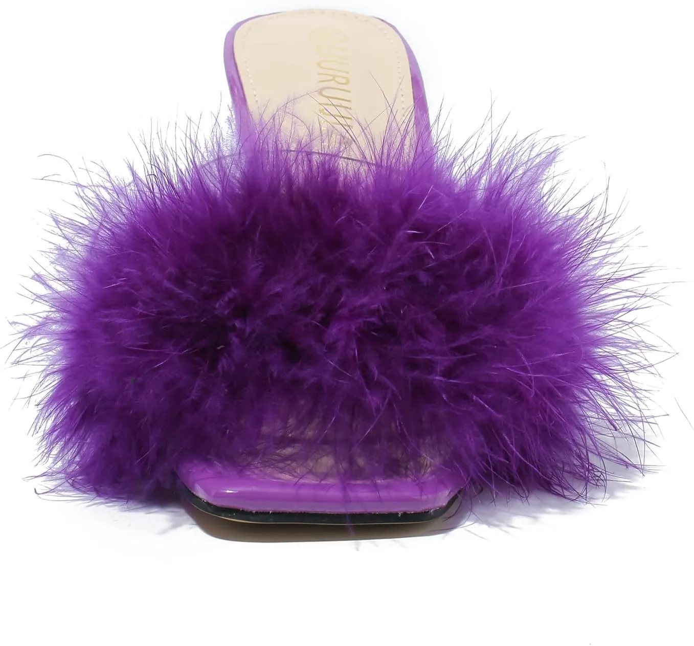 LIURUIJIA Women's Square Toe Feathers High Heels Fur Mules Sandals Fuzzy Fluffy Wedding Bridal Party Dress Shoes