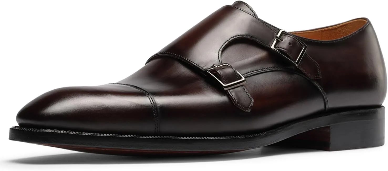 Loafers for Men - Genuine Calfskin Monk Strap Shoes | Cap Toe Dress Shoes with Double Buckle & Blake Stitch | Business Formal & Casual