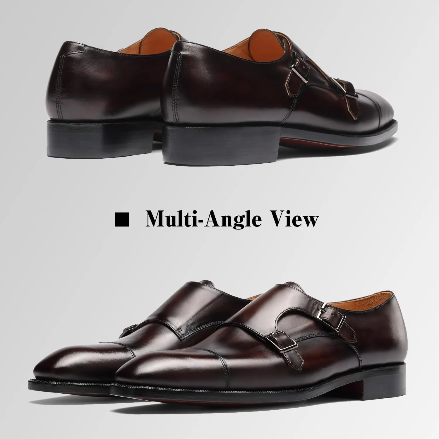 Loafers for Men - Genuine Calfskin Monk Strap Shoes | Cap Toe Dress Shoes with Double Buckle & Blake Stitch | Business Formal & Casual